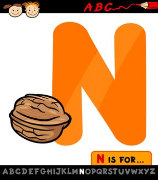 Cartoon Illustration of Capital Letter N from Alphabet with Nut for Children Education