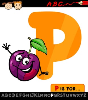Cartoon Illustration of Capital Letter P from Alphabet with Plum for Children Education