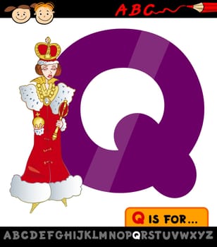 Cartoon Illustration of Capital Letter Q from Alphabet with Queen for Children Education
