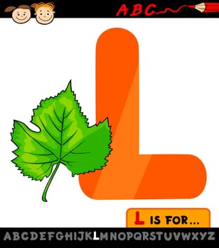 Cartoon Illustration of Capital Letter L from Alphabet with Leaf for Children Education