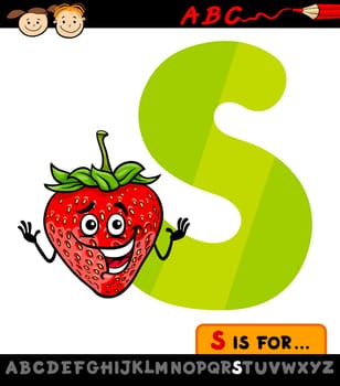Cartoon Illustration of Capital Letter S from Alphabet with Strawberry for Children Education
