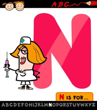 Cartoon Illustration of Capital Letter N from Alphabet with Nurse for Children Education
