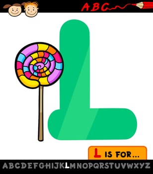 Cartoon Illustration of Capital Letter L from Alphabet with Lollipop for Children Education
