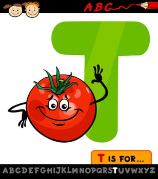 Cartoon Illustration of Capital Letter T from Alphabet with Tomato for Children Education