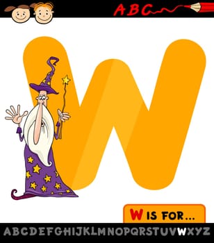Cartoon Illustration of Capital Letter W from Alphabet with Wizard for Children Education
