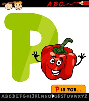 Cartoon Illustration of Capital Letter P from Alphabet with Pepper for Children Education