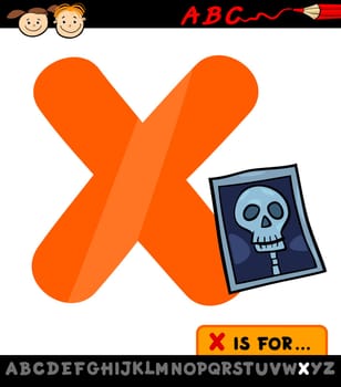 Cartoon Illustration of Capital Letter X from Alphabet with X-ray Photo for Children Education