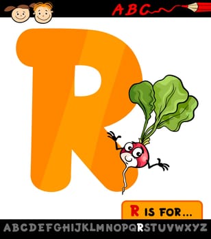 Cartoon Illustration of Capital Letter R from Alphabet with Radish for Children Education