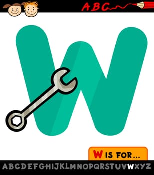 Cartoon Illustration of Capital Letter W from Alphabet with Wrench for Children Education