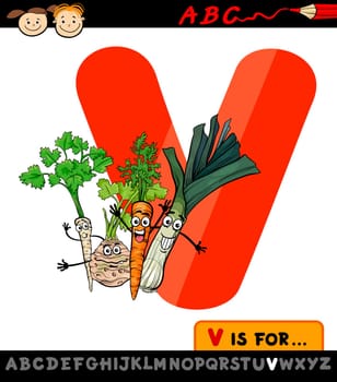 Cartoon Illustration of Capital Letter V from Alphabet with Vegetables for Children Education