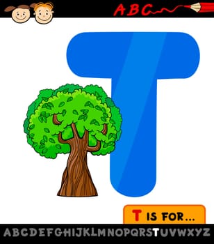 Cartoon Illustration of Capital Letter T from Alphabet with Tree for Children Education