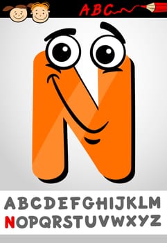 Cartoon Illustration of Cute Capital Letter N from Alphabet for Children Education