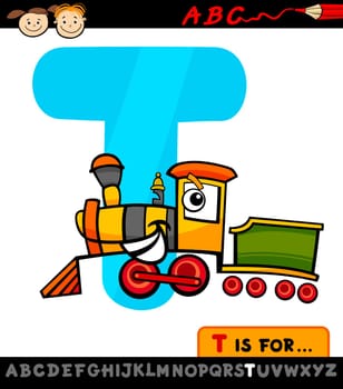 Cartoon Illustration of Capital Letter T from Alphabet with Train for Children Education