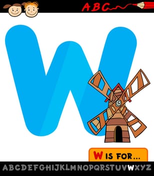 Cartoon Illustration of Capital Letter W from Alphabet with Windmill for Children Education