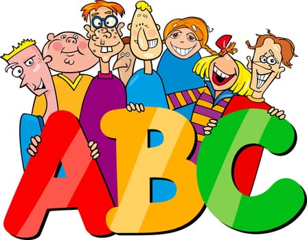 Cartoon Illustration of  School Children or Teenagers Group with ABC Letters