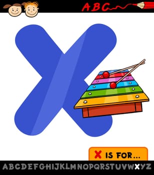 Cartoon Illustration of Capital Letter X from Alphabet with Xylophone for Children Education