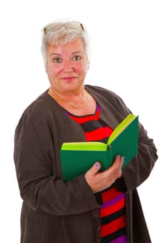 Senior citizen with book - cropped on white background
