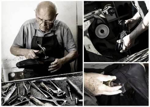 Old shoemaker repair the sole of a shoe.