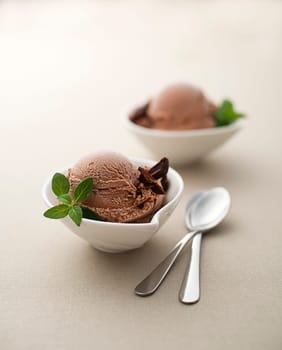 Chocolate ice cream with mint close up shoot