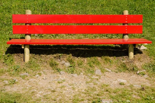 Red bench on a green meadow in the light of the sun