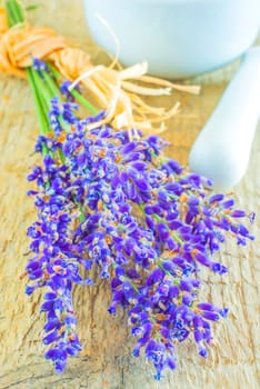 Lavender,fresh bouquet with mortar and sea salt