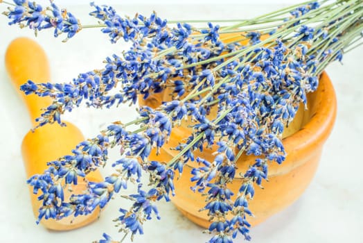 Lavender,fresh bouquet with mortar and sea salt