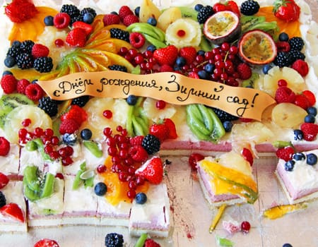Fresh dessert fruit tart covered in assorted tropical fruits