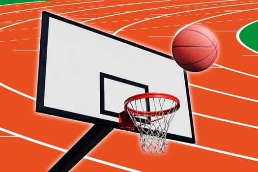 a basketball and a panel of basketball on a background of running track