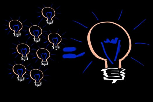 Many small ideas can lead to a big one illustrated with lots of small light bulbs and one big bulb on a black background.