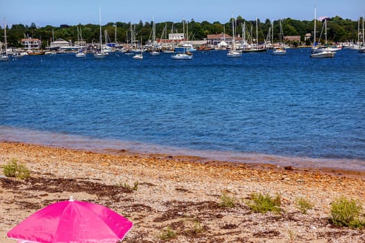 Beach Pink Umbrella Padnaram Harbor Church Steeple, Docks, Piers Boats, Schooner, Yacht Club, Buzzards Bay Dartmouth Masschusetts ...