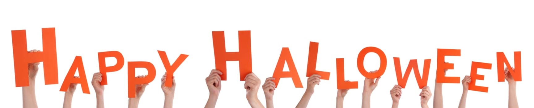 Many Hands Holding the Letters Happy Halloween, Isolated