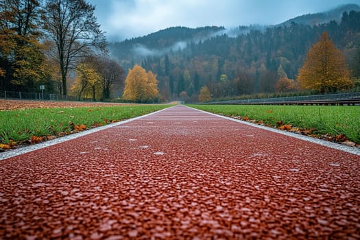 red running track at the stadium in cloudy weather