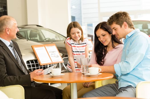 Young couple reading contract in car dealership