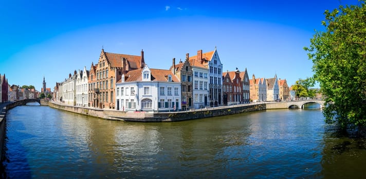 Panorama view of river canal and colorful houses in Bruges, Belgium