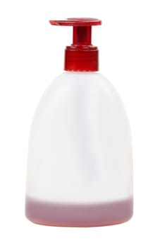 Cosmetic bottle with red cap on a white background