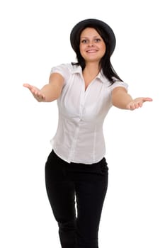 beautiful girl in a hat casual design pulls hands to the camera. Isolate on white
