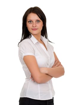 Young beautiful brunette girl in a light blouse Isolate on white.