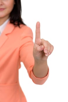 girl shows the index finger isolated on white