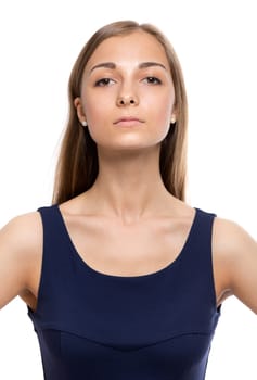 Close-up of a beautiful young woman on white background