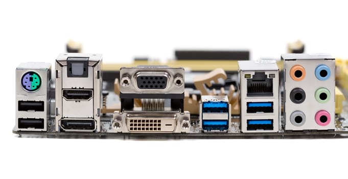 rear of the motherboard close-up, USB 3,0, HDMI, audio
