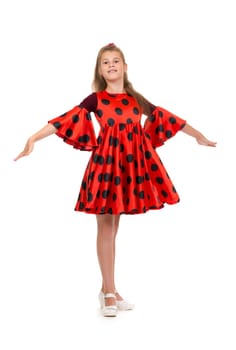11 year old girl in red concert dress, isolate on white