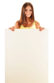 Young smiling woman holding a blank board isolated on white background