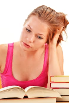 Young woman reading a book. Female student learning