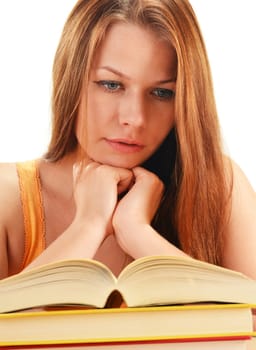 Young woman reading a book. Female student learning
