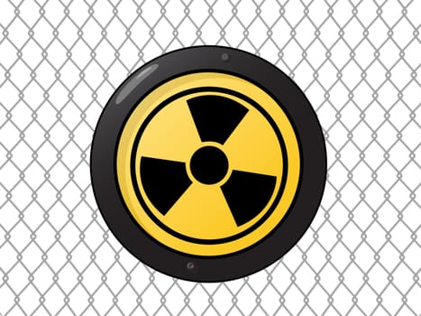 Metallic nuclear sign against a wire fence