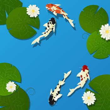 Koi fish and lotus leaves, flower