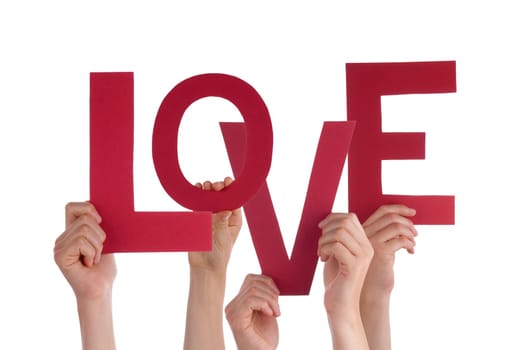 Many Persons Holding the Word Love in Red Letters, Isolated