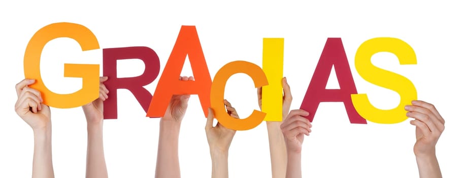 Many Persons Holding the Spanish Word Gracias Which Means Thanks, Isolated