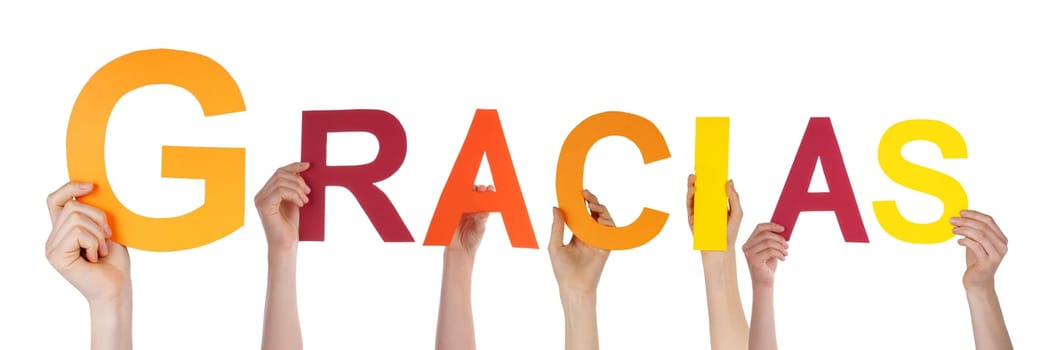 Many Hands Holding the Spanish Word Gracias Which Means Thanks, Isolated