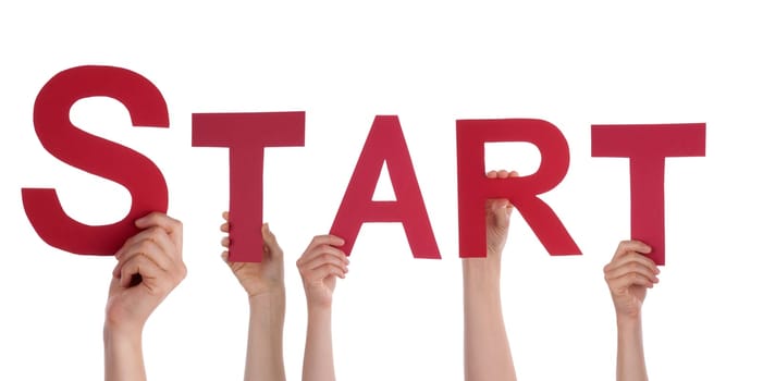 Many Hands Holding the Red Word Start in Their Hands, Isolated